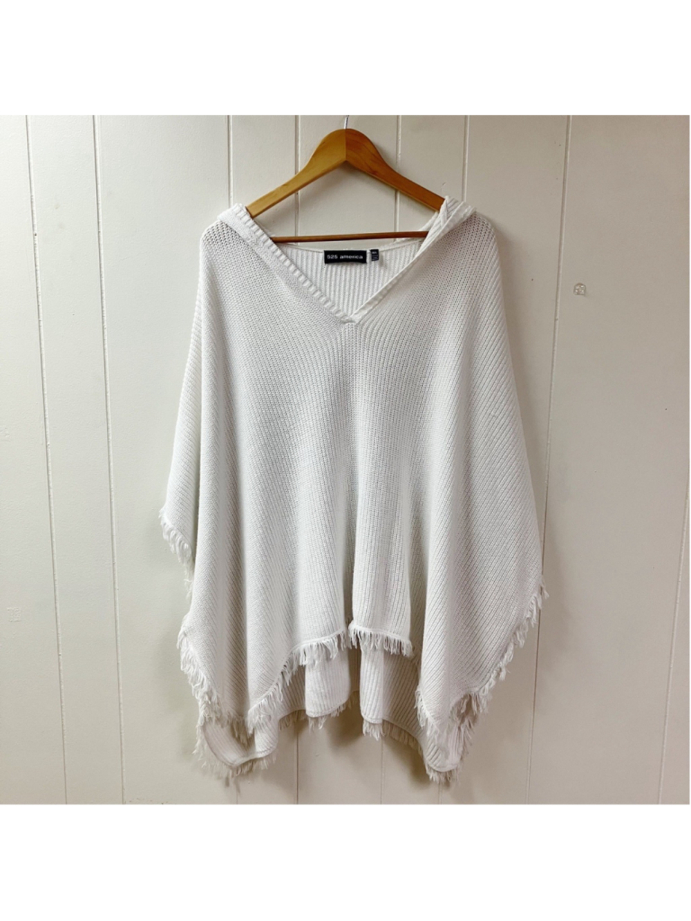 True Vtg Nantucket Boho Autumnal 525 America Hooded Fringed Poncho SZ M/L White